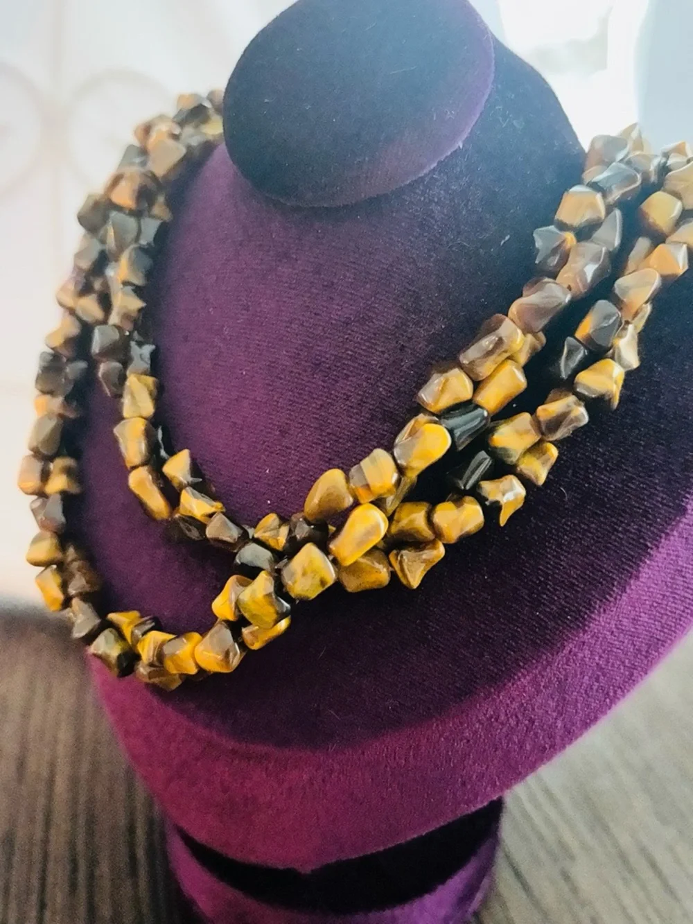 Vintage Tiger’s Eye Necklace 26” Boho Chunky Gemstone Silver Clasp